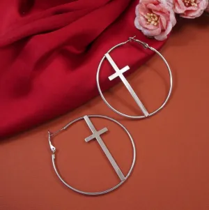 Silver plated Inlaid Cross Hoops Earring