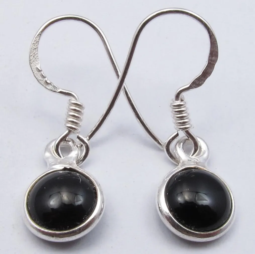 Solid Silver Black Onyx Round Drop Earrings