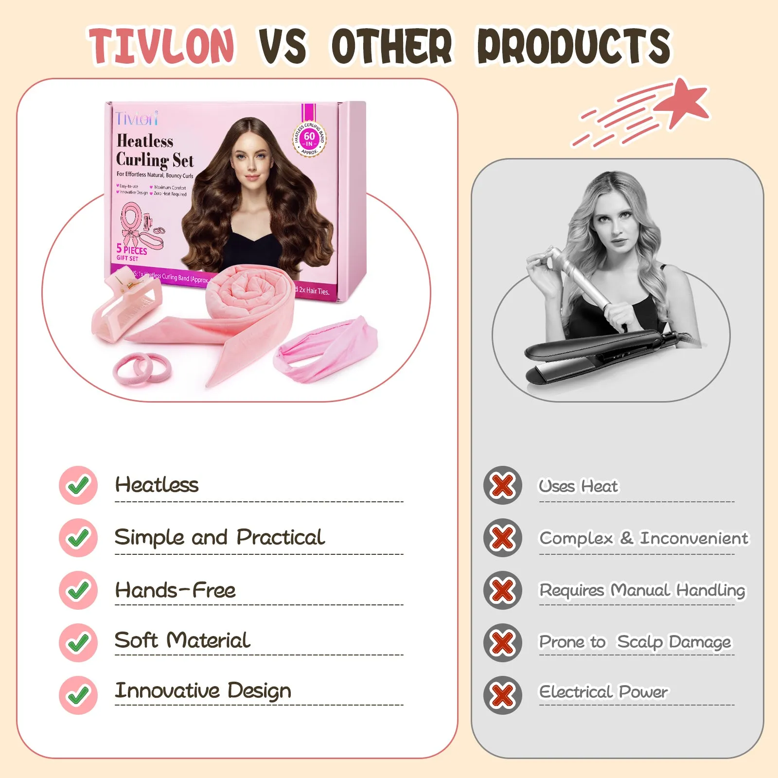 Tivlon 5 Pieces Velvet Fabric Heatless Curling Set-60in Extra Long Heatless Curlers for All Hair Types- Soft Material to Sleep in-Pink