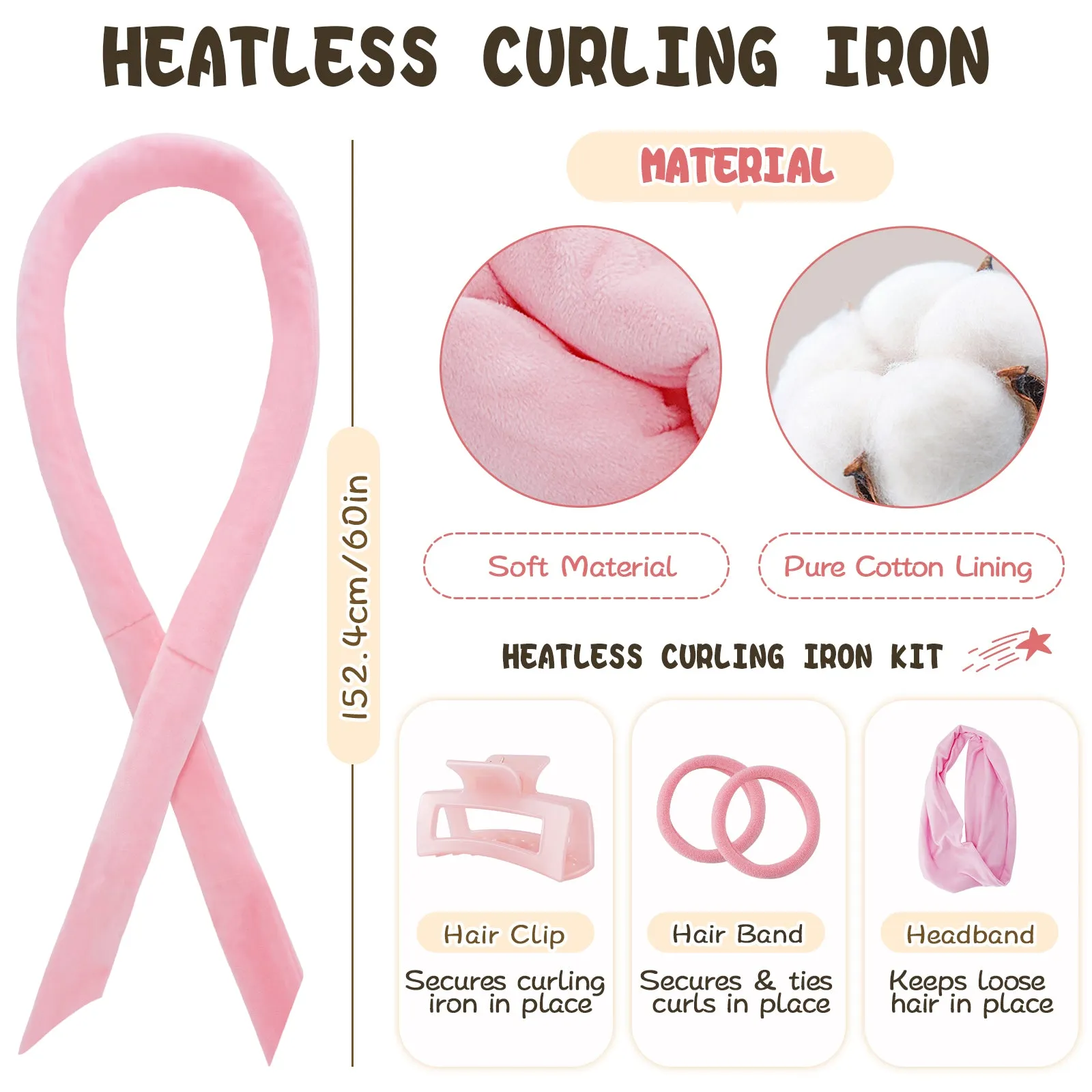 Tivlon 5 Pieces Velvet Fabric Heatless Curling Set-60in Extra Long Heatless Curlers for All Hair Types- Soft Material to Sleep in-Pink