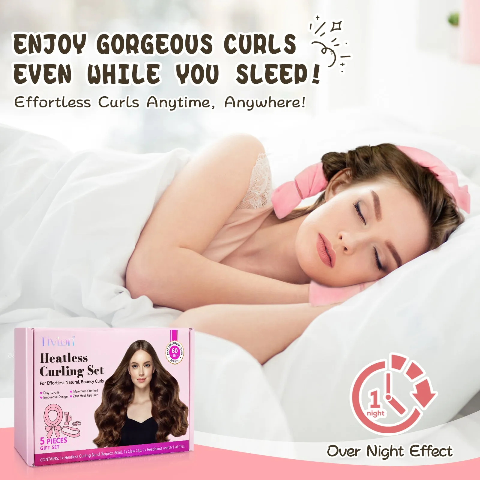 Tivlon 5 Pieces Velvet Fabric Heatless Curling Set-60in Extra Long Heatless Curlers for All Hair Types- Soft Material to Sleep in-Pink