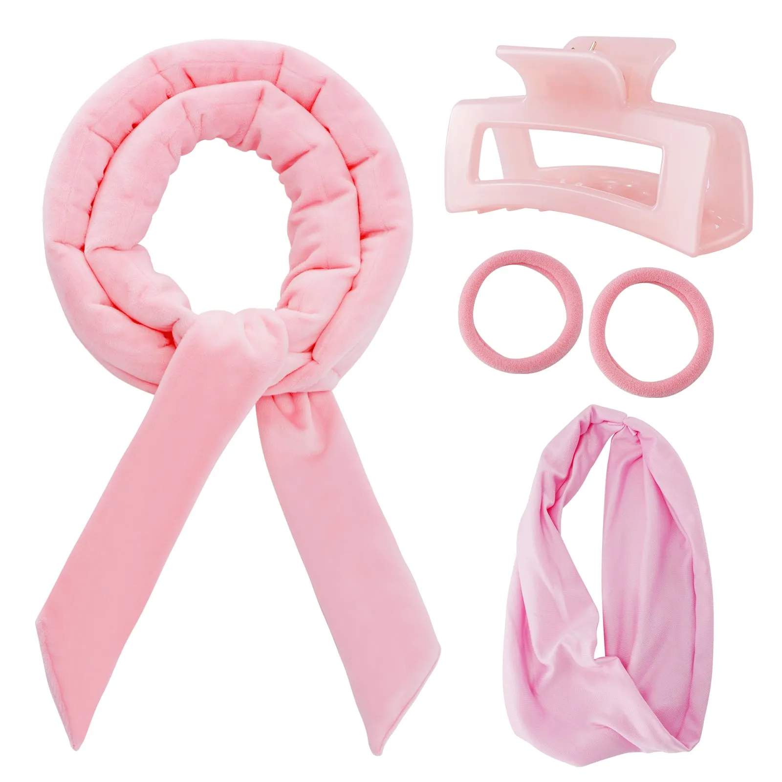 Tivlon 5 Pieces Velvet Fabric Heatless Curling Set-60in Extra Long Heatless Curlers for All Hair Types- Soft Material to Sleep in-Pink