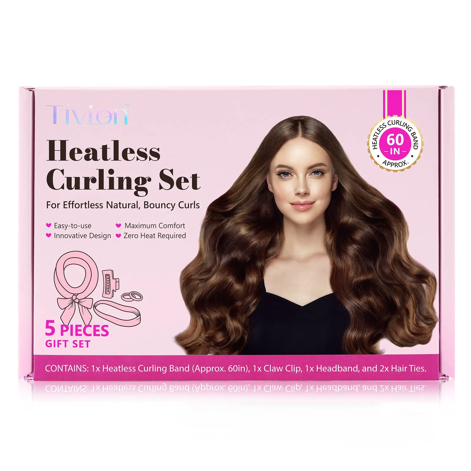 Tivlon 5 Pieces Velvet Fabric Heatless Curling Set-60in Extra Long Heatless Curlers for All Hair Types- Soft Material to Sleep in-Pink