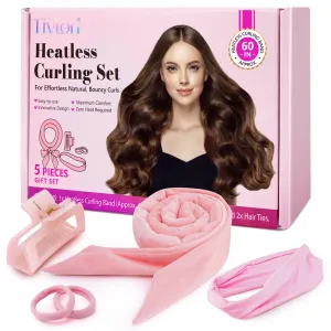 Tivlon 5 Pieces Velvet Fabric Heatless Curling Set-60in Extra Long Heatless Curlers for All Hair Types- Soft Material to Sleep in-Pink