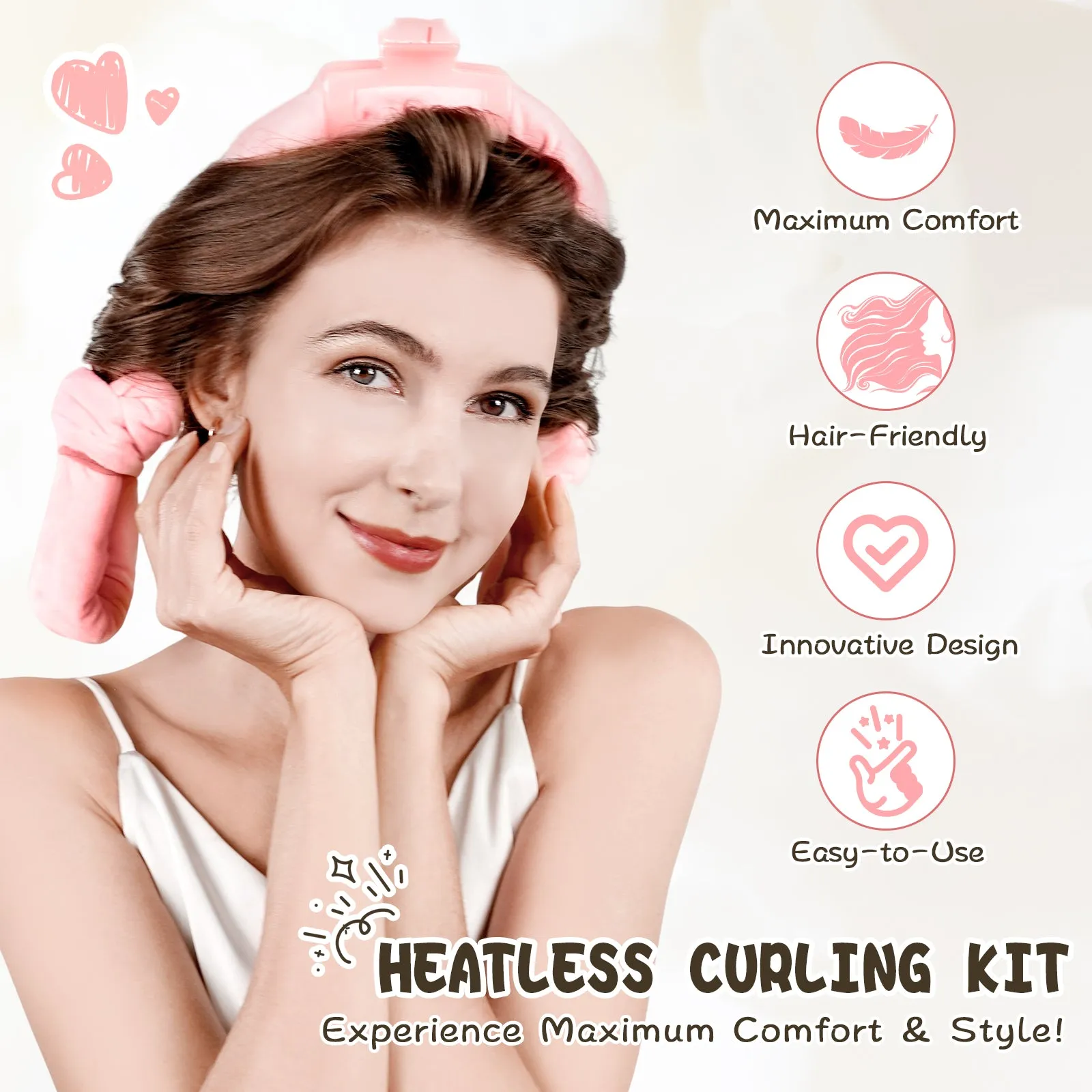 Tivlon 5 Pieces Velvet Fabric Heatless Curling Set-60in Extra Long Heatless Curlers for All Hair Types- Soft Material to Sleep in-Pink