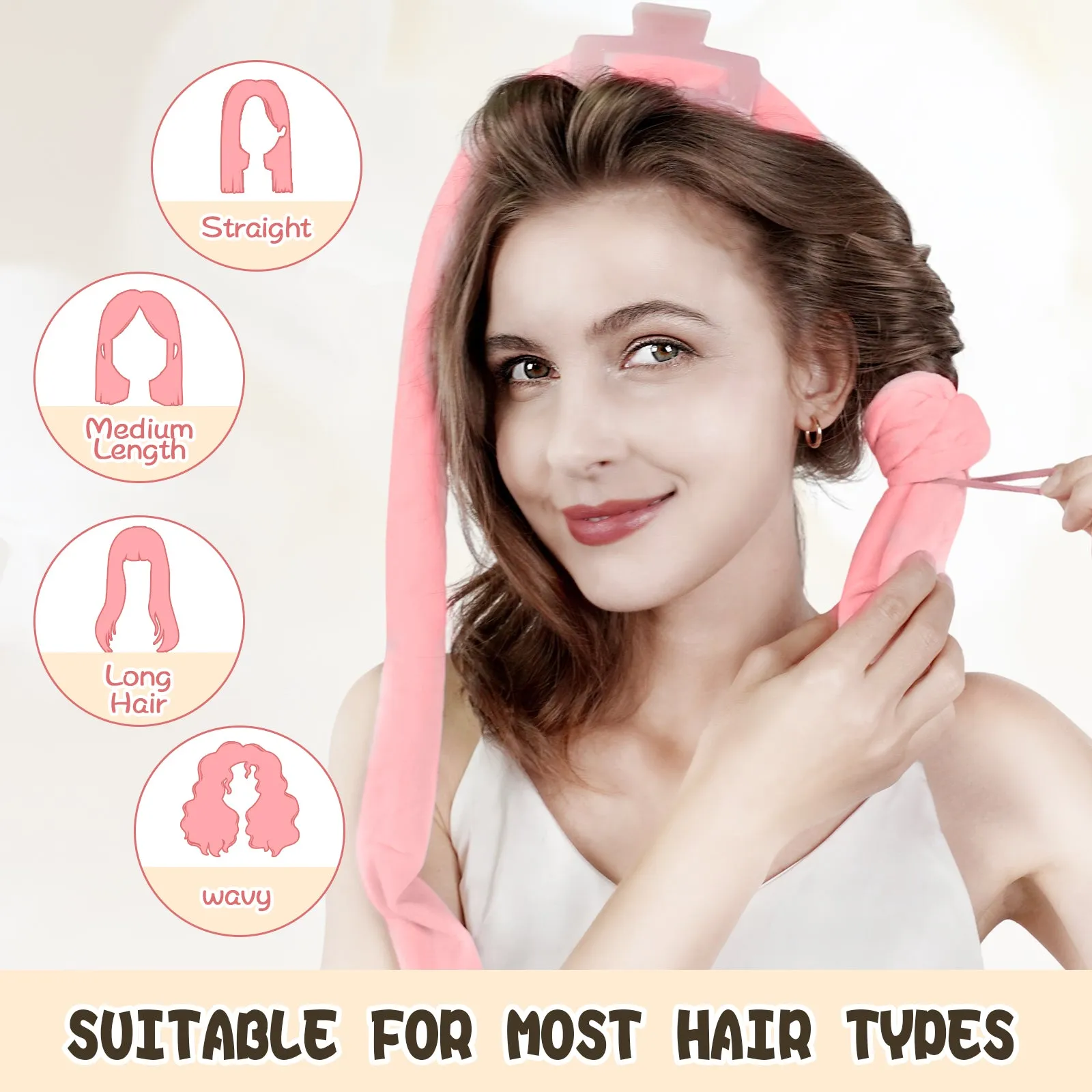 Tivlon 5 Pieces Velvet Fabric Heatless Curling Set-60in Extra Long Heatless Curlers for All Hair Types- Soft Material to Sleep in-Pink
