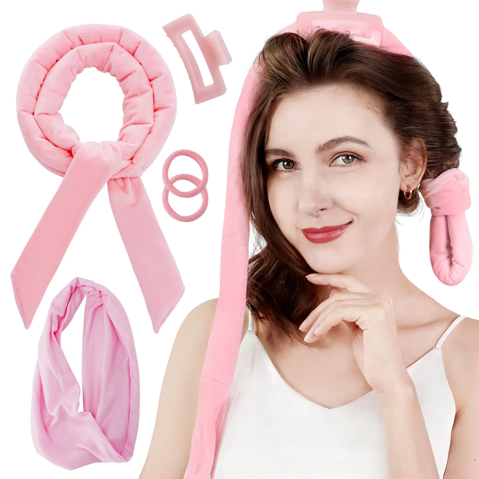 Tivlon 5 Pieces Velvet Fabric Heatless Curling Set-60in Extra Long Heatless Curlers for All Hair Types- Soft Material to Sleep in-Pink