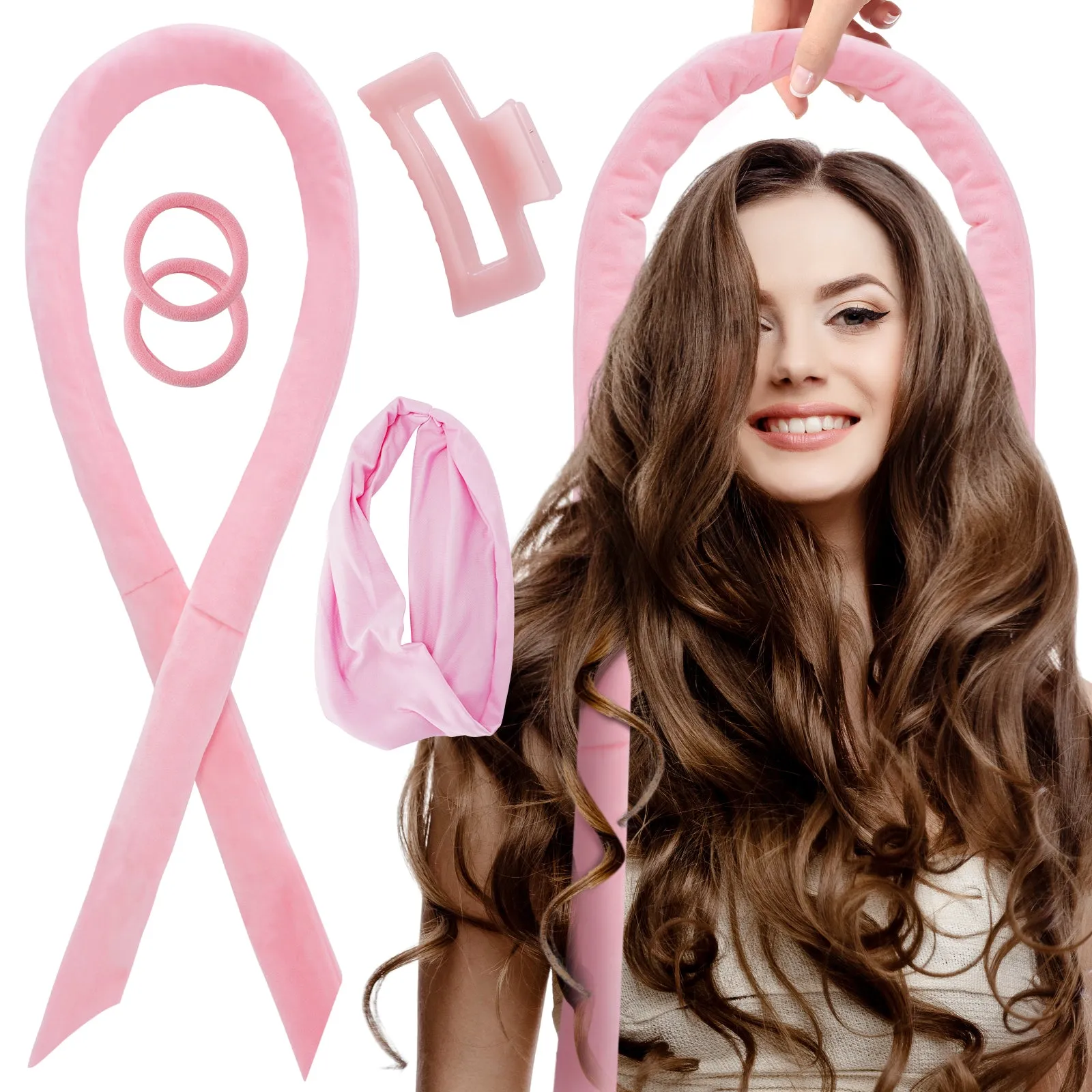 Tivlon 5 Pieces Velvet Fabric Heatless Curling Set-60in Extra Long Heatless Curlers for All Hair Types- Soft Material to Sleep in-Pink
