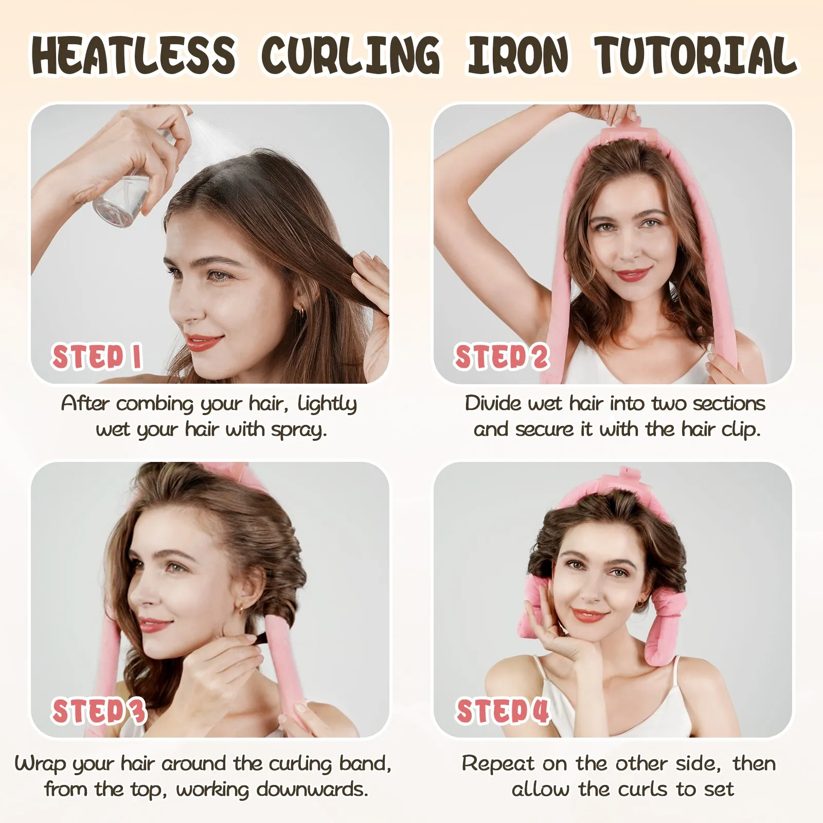 Tivlon 5 Pieces Velvet Fabric Heatless Curling Set-60in Extra Long Heatless Curlers for All Hair Types- Soft Material to Sleep in-Pink
