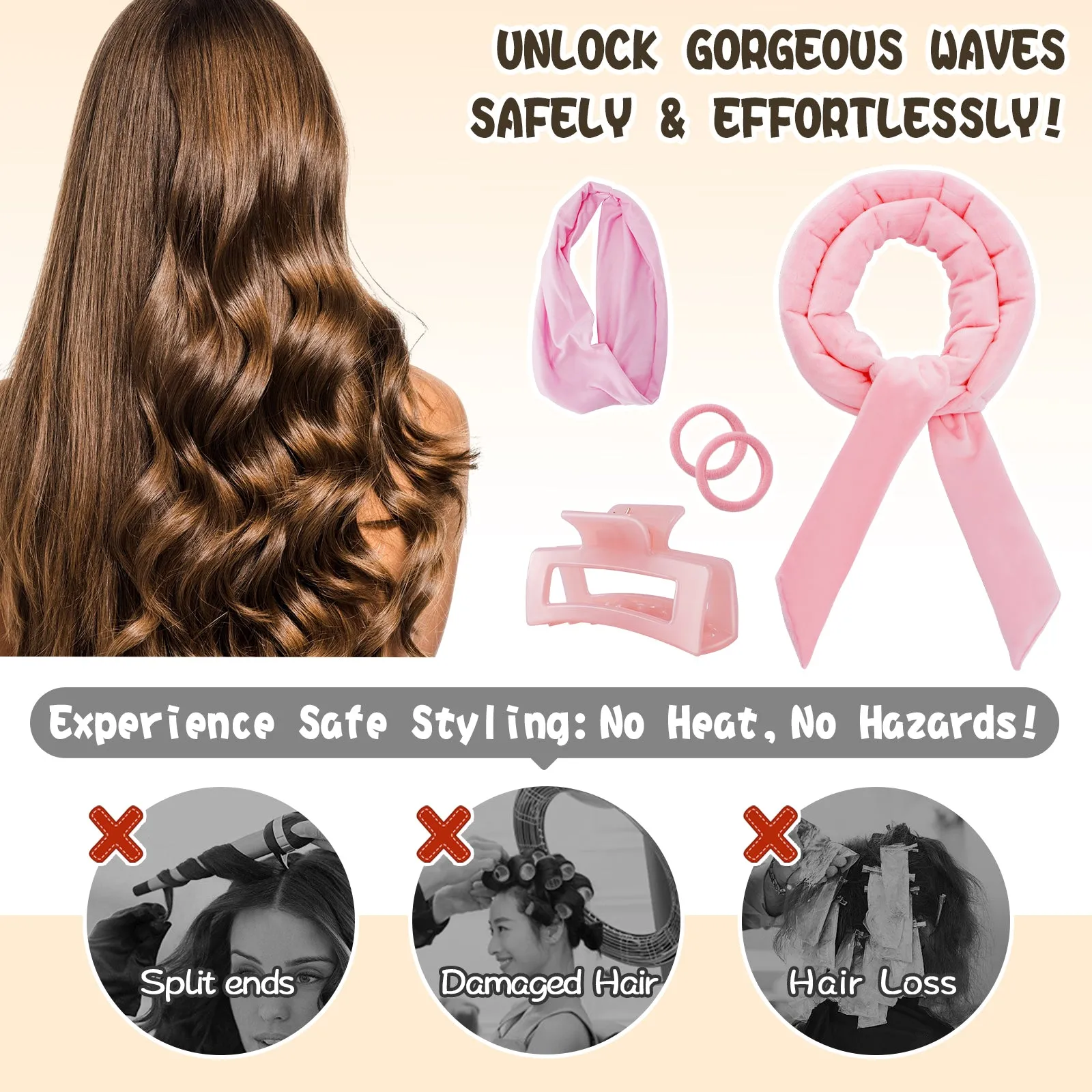 Tivlon 5 Pieces Velvet Fabric Heatless Curling Set-60in Extra Long Heatless Curlers for All Hair Types- Soft Material to Sleep in-Pink