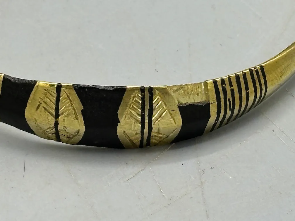 Tuareg Triple Large Inlay Multiple Stripe Etched Wide Flat Brass Bracelet - Imperfect