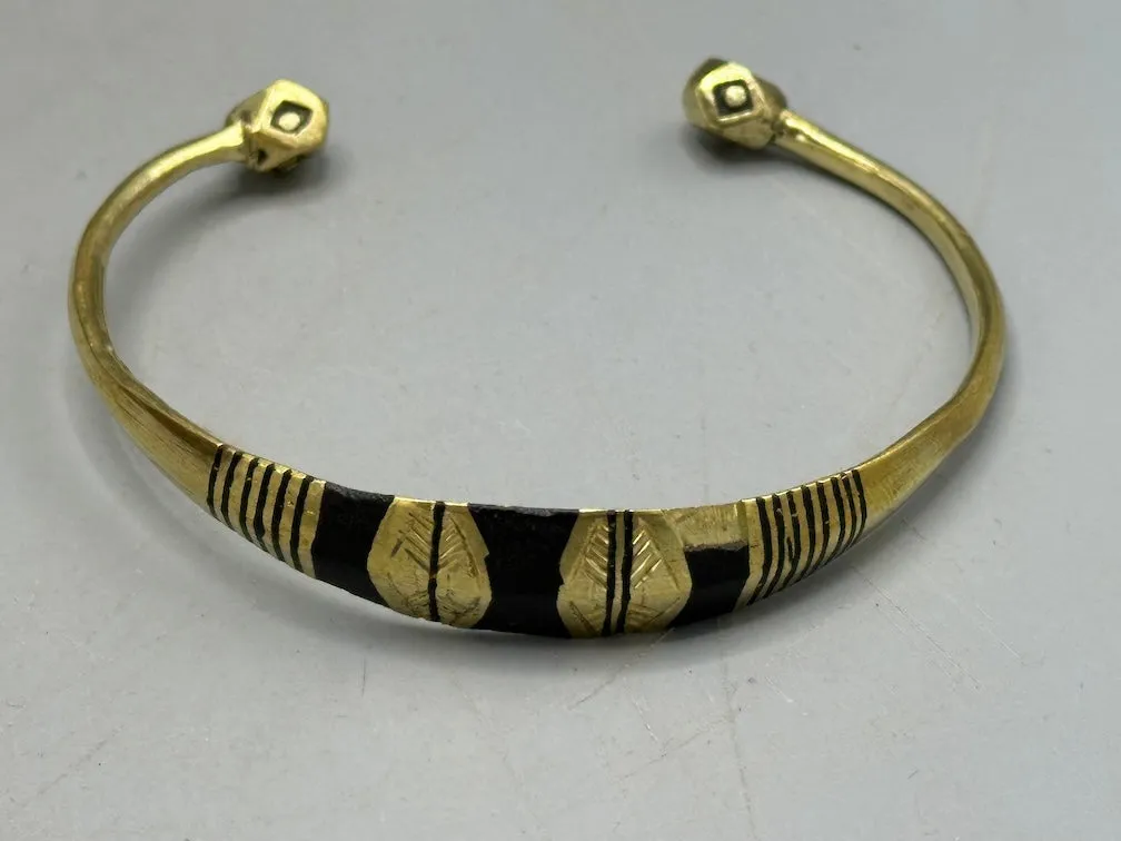 Tuareg Triple Large Inlay Multiple Stripe Etched Wide Flat Brass Bracelet - Imperfect