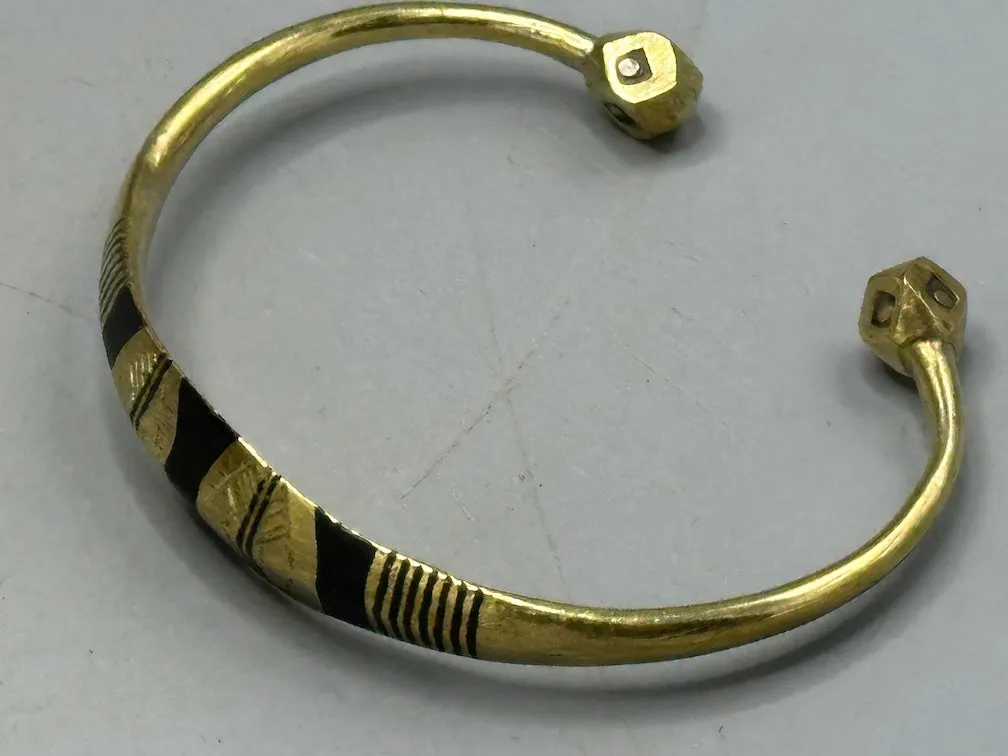 Tuareg Triple Large Inlay Multiple Stripe Etched Wide Flat Brass Bracelet