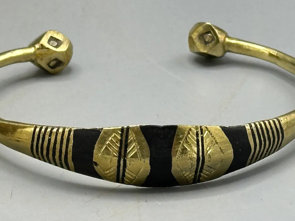Tuareg Triple Large Inlay Multiple Stripe Etched Wide Flat Brass Bracelet