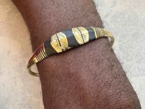 Tuareg Triple Large Inlay Multiple Stripe Etched Wide Flat Brass Bracelet