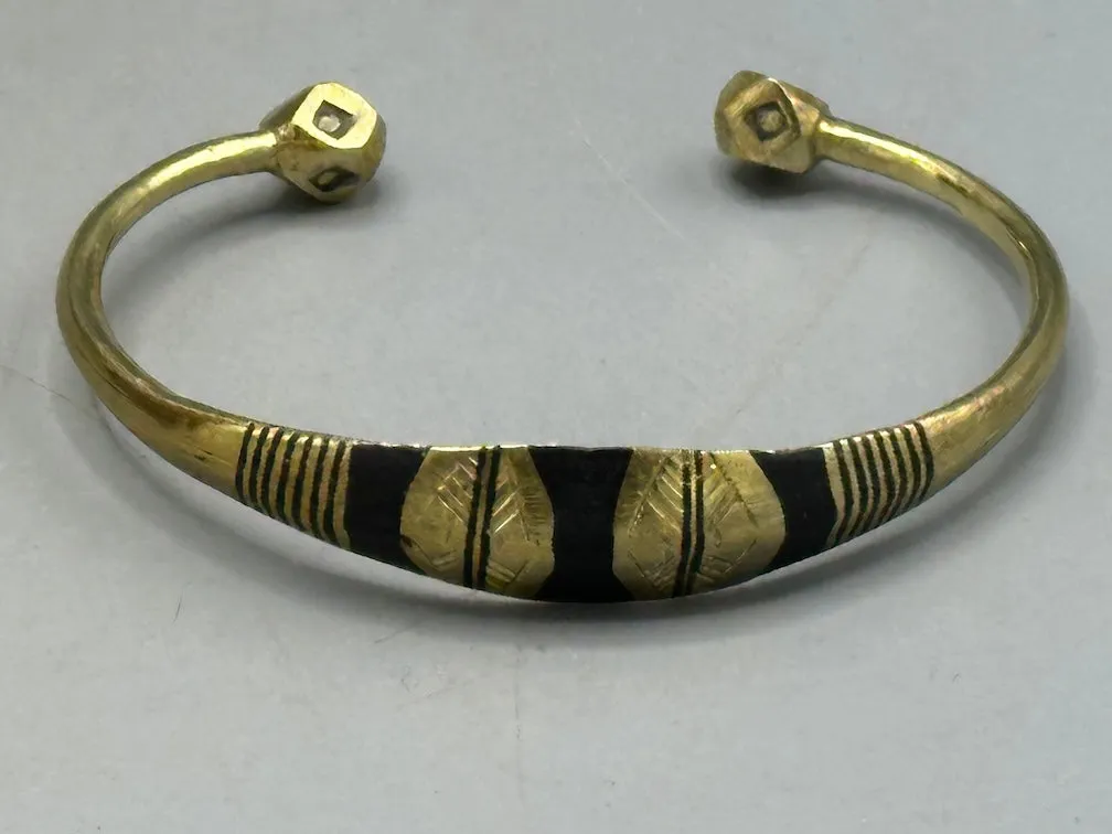 Tuareg Triple Large Inlay Multiple Stripe Etched Wide Flat Brass Bracelet