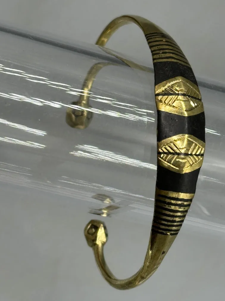 Tuareg Triple Large Inlay Multiple Stripe Etched Wide Flat Brass Bracelet
