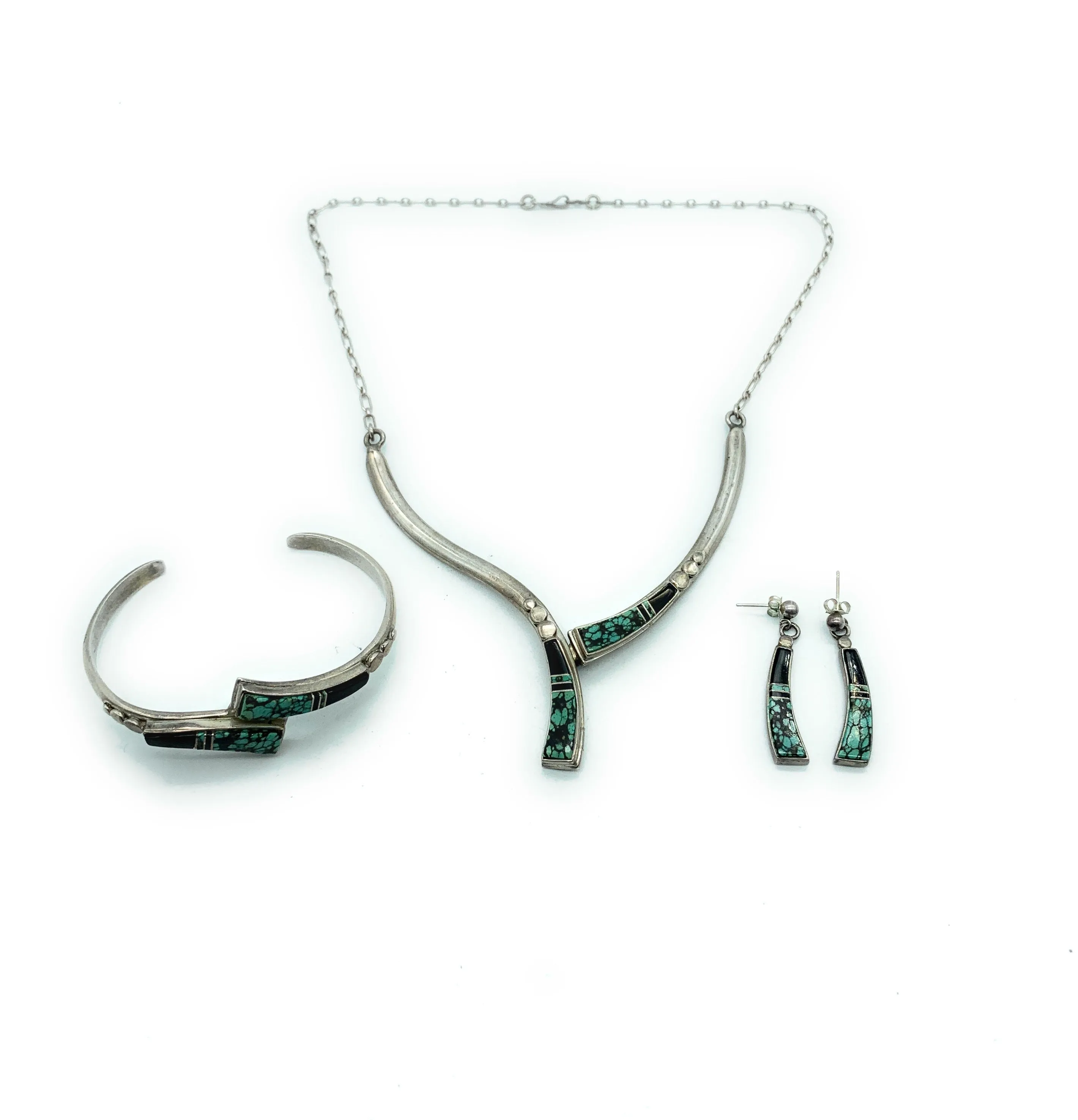 Vintage 1970's Zuni Sterling Silver & Multi Stone Inlay 3-piece Jewelry Set
