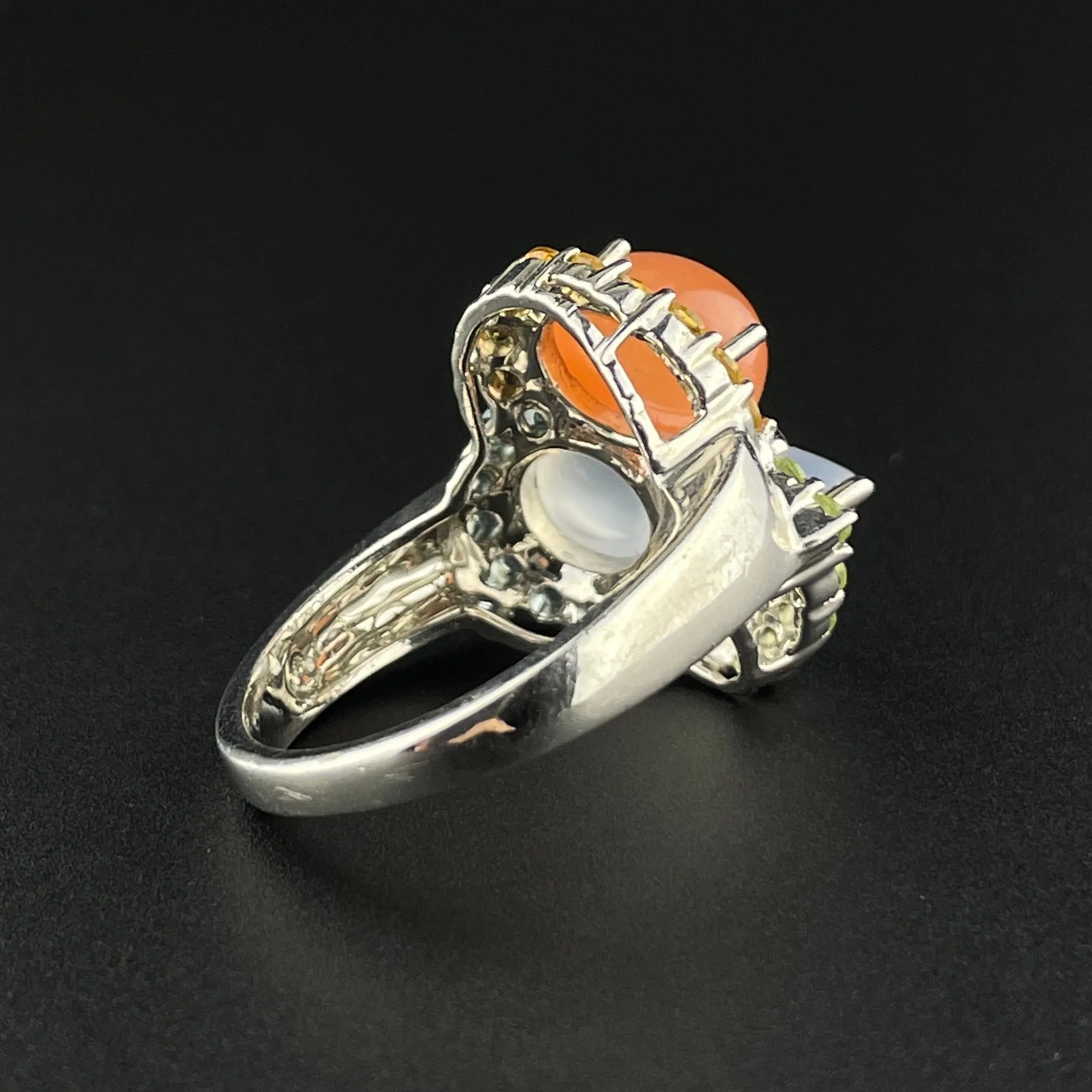 Vintage Moonstone Flower Cluster Silver Ring, Sz 6.5