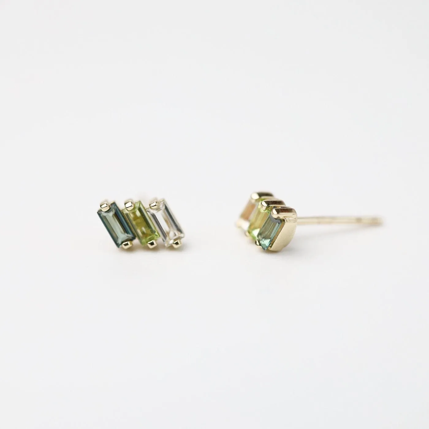 Yellow Gold Mixed Green Baguette Bar Earring
